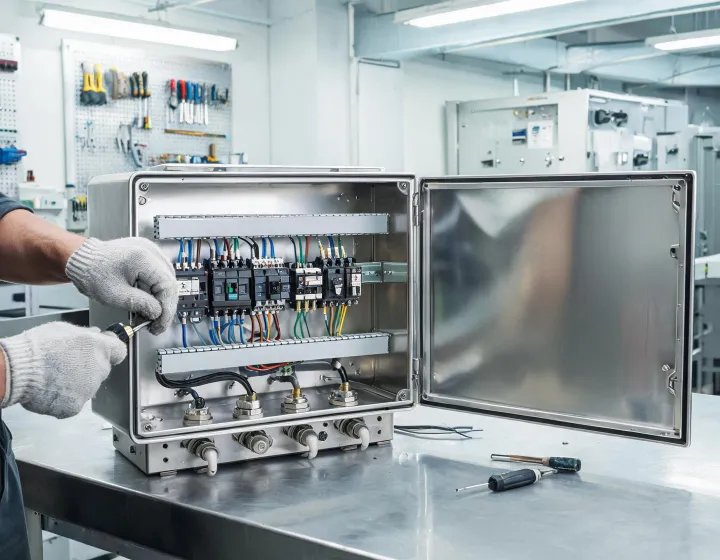 Stainless electrical enclosure in a panel building workshop
