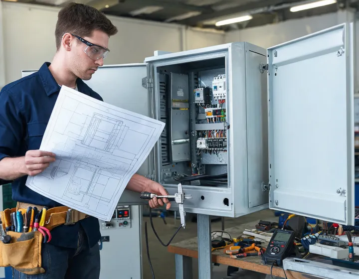 Engineer reviewing enclosure drawings beside a control cabinet